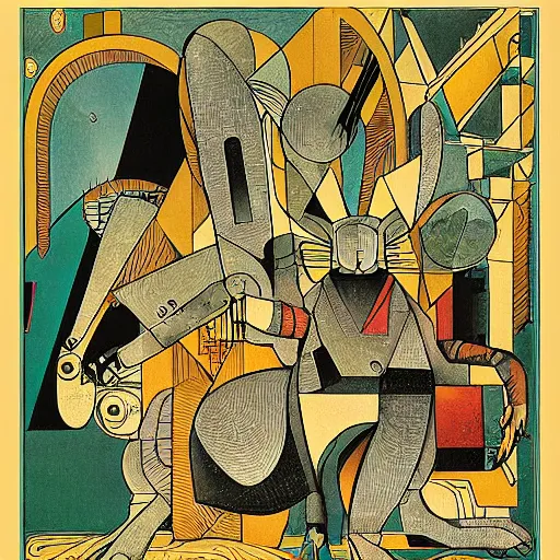 Prompt: rabbit robots. graphical work by anatoly fomenko and bilibin and giger and lissitzky