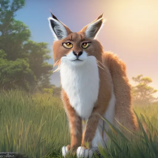 Image similar to a wholesome animation key shot of a cute fluffy caracal wearing white robe, studio ghibli, pixar and disney animation, sharp, rendered in unreal engine 5, anime key art by greg rutkowski, bloom, dramatic lighting