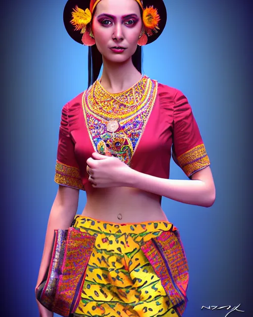 Prompt: a beautiful natalie wearing modern stylish costume in the style of Assamese bihu mekhela sador gamosa design, commercial fashion design art by Victor Nizovtsev and Josephine Wall and Chie Yoshii, face by artgerm and daz3d genesis iray, cinematic lighting, medium shot, mid-shot, slim female figure ramp walk model pose, highly detailed, trending on Artstation, Unreal Engine 4k, cinema 4d multi-pass ray traced, 8k fabric texture details, octane render, diffused natural skin glow