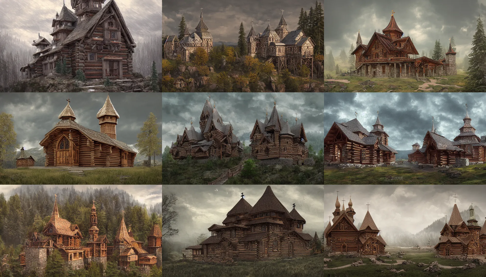 Image similar to tall castle enclosed palisaded, with christian wooden churches and domes on them, log houses built on hills, slavic, russian, slovenian, tartarian architecture, gray skies, hyper - detailed, artstation, cgsociety, 8 k