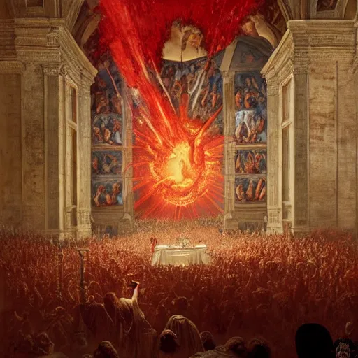 Image similar to the sistine chapel breaks open in half in the ceiling as a red magical portal from hell opens up, lucifer morningstar emerges along with demons, the priests and the pope look at the scene with terror in their eyes. highly detailed painting by gaston bussiere, greg rutkowski, craig mullins 8 k