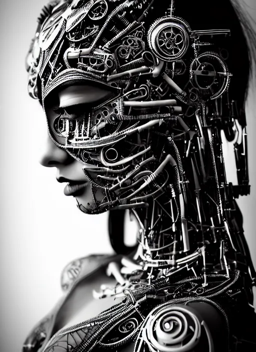 Image similar to a stunning young woman mixed crow mixed cyborg profile face, face is made intricate tribal bio - mechanical, editorial photography, bw, shot on 7 0 mm, depth of field, f / 2. 8, high contrast, 1 6 k, volumetric lighting, shiny, insanely detailed and intricate, hypermaximalist, elegant, ornate, hyper realistic, super detailed