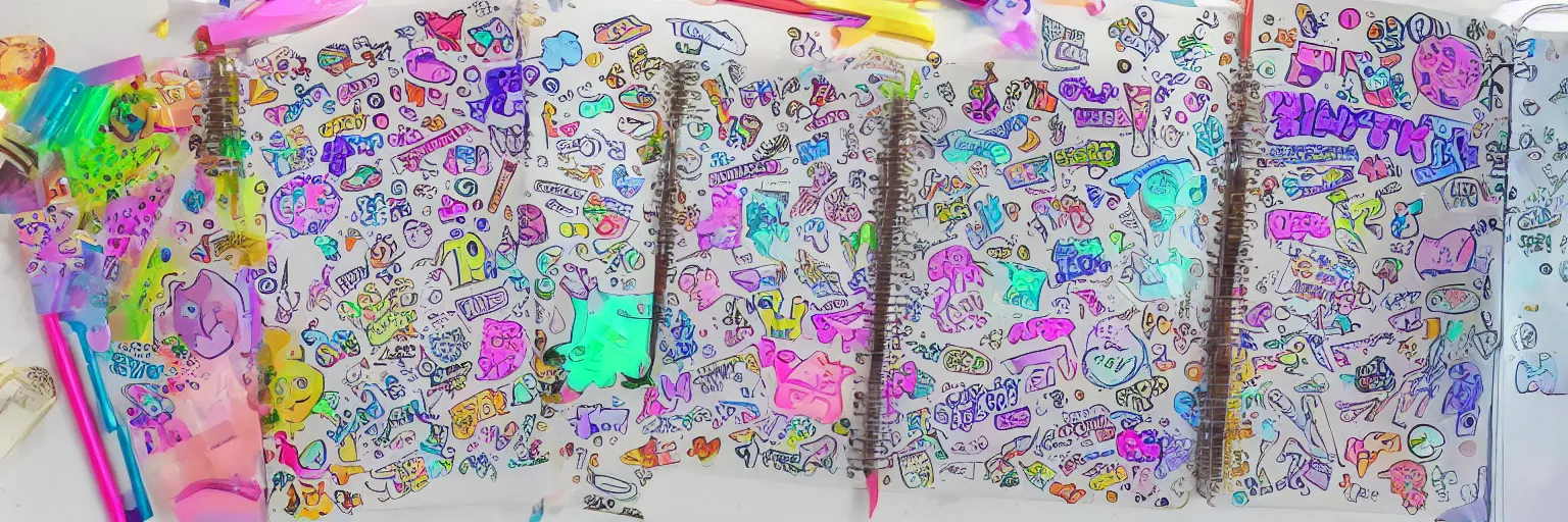 Image similar to a school notebook covered in doodles, stickers, glitter, and holographic stickers