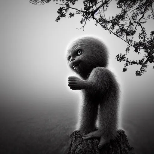 Image similar to award winning, hyper realistic, photograph, sasquatch infant peering out timidly from behind a tree with large cute eyes and it's hand wrapped around the tree trunk, portrait, 8 k, twilight, fog, moonlit