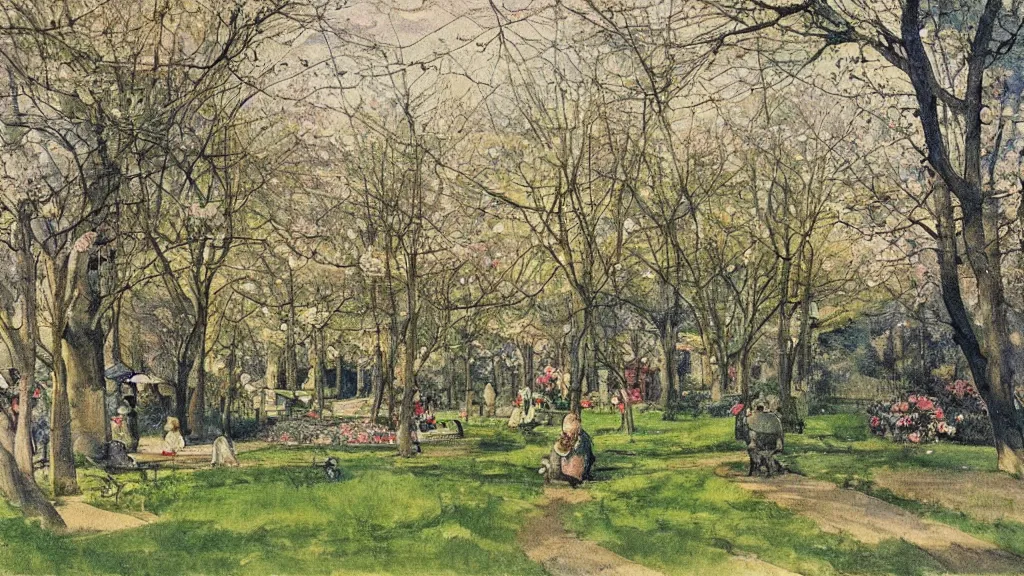 Image similar to gorgeous painting of a park in spring by carl larsson