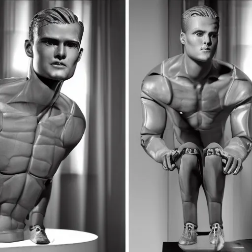Prompt: a realistic detailed photo of a guy who is an attractive humanoid who is half robot and half humanoid, who is a male android, soccer player matthijs de ligt, shiny skin, posing like a statue, blank stare, in a living room, on display, showing off his muscles, with a twin