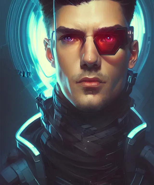 Image similar to Hacker cyberpunk man portrait, highly detailed, digital painting, artstation, concept art, smooth, sharp focus, illustration, art by artgerm and greg rutkowski and alphonse mucha