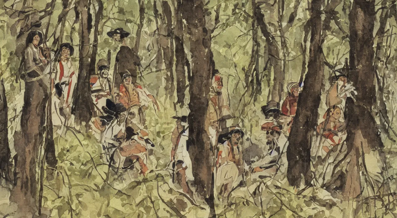 Prompt: close up portrait of Indian natives are waiting, hidden in the woods, watercolour by Hugo Pratt, oil on canvas