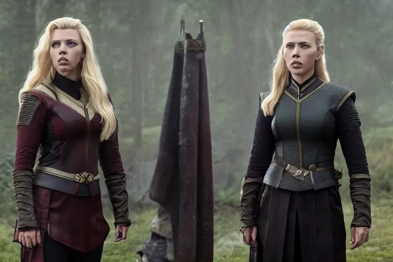 Image similar to starfleet uniform, scarlett johansson, in starfleet uniform, playing lagertha in a scene from the tv series vikings, directed by christopher nolan