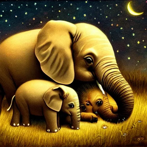 Image similar to a baby elephant sleeping soundly under a starry sky surrounded by savannah, illustration, detailed, smooth, soft, warm, by Adolf Lachman, Shaun Tan