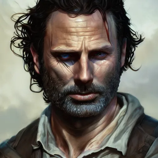 Prompt: rick grimes, portrait, fantasy, medieval, vivid colors, elegant, concept art, sharp focus, digital art, Hyper-realistic, 4K, Unreal Engine, Highly Detailed, HD, Dramatic Lighting by Brom, trending on Artstation