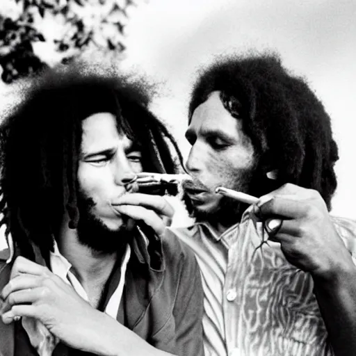Prompt: photography of bob Marley smoking with Jim Morrison