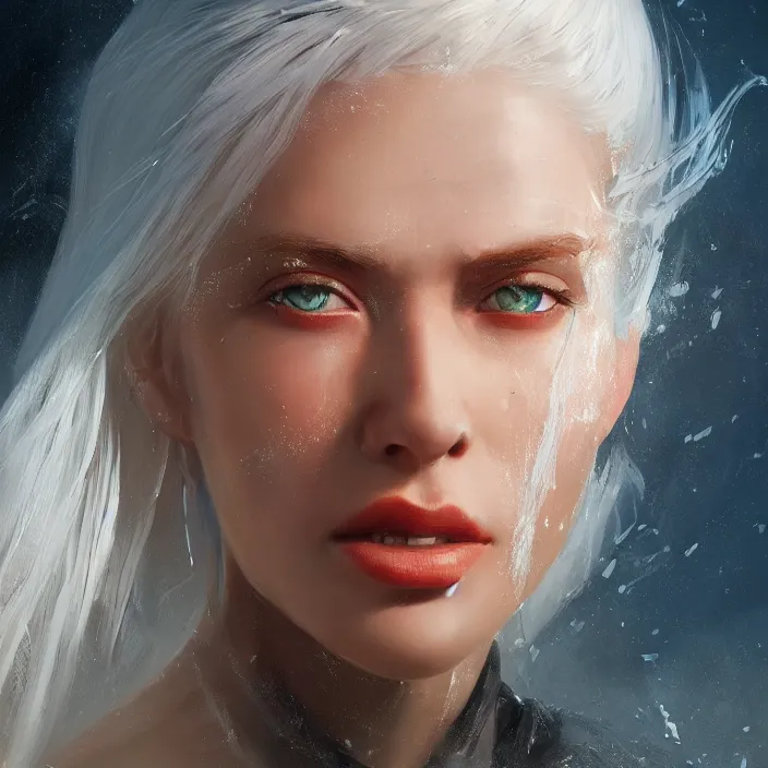 Prompt: a realistic detail portrait of a beautiful female angle has white hair in Atlantis, magic, dragon, oil painting by Julian calle, wlop, greg rutkowski, Finnian MacManus, Syd mead Trending on artstation, red and yellow scheme, 8k, Unreal Engine, wide-angle lens