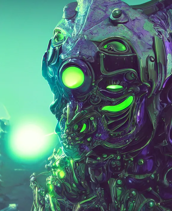 Image similar to a detailed character concept of a menacing armoured alien with glowing green eyes and a crown of jade and topaz crystals by Moebius and Beeple, 4k resolution, photorealistic