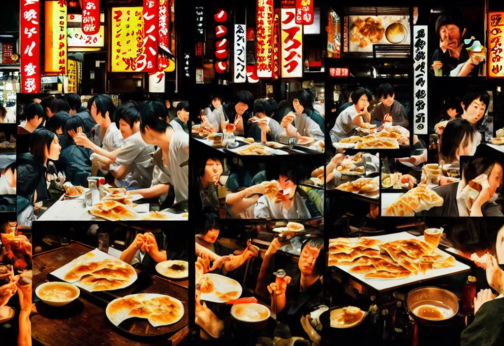 Prompt: night crowd eating gyoza and drinking beer at a nighttime izakaya in shinbashi tokyo, japan, a collage painting, in the style of wes anderson, lola dupre, david hockney, isolated on negative white space background dark monochrome fluorescent neon spraypaint accents volumetric octane render