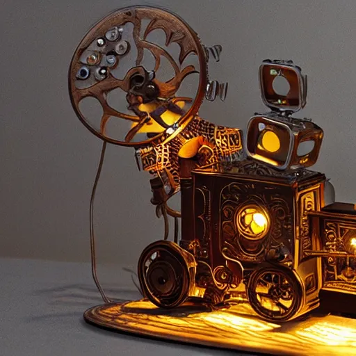 Prompt: tiny mechanical movie prop with led lights, intricate and detailed