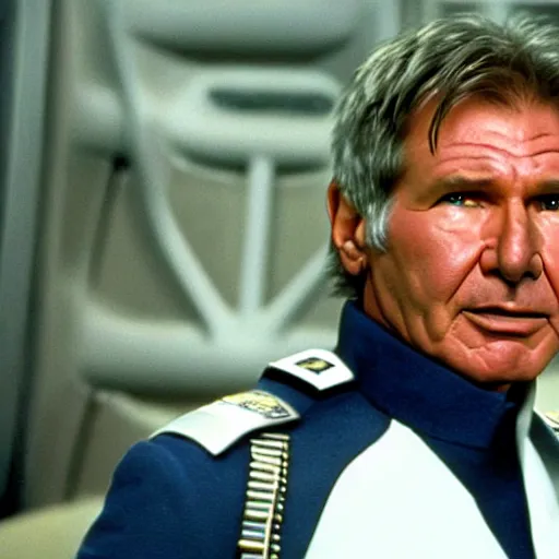 Image similar to A still of Harrison Ford as Commander Adama in Battlestar Galactica (2003), wearing a dark blue colonial uniform