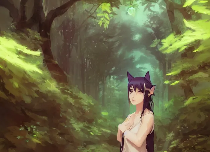 Prompt: female mage with cat ears in a forest, detailed attractive face, fantasy art, anime style, by charlie bowater, by makoto shinkai, by studio ghibli, atmospheric, digital art, 4 k film still