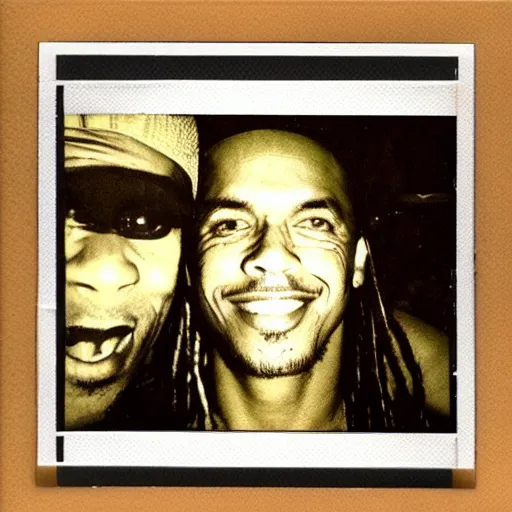 Image similar to polaroid picture, sepia, ronaldinho gaucho hugs manu chao in a paraguayan prison, perfect face, symmetrical face, fine details, day setting, ethereal, trending on artstation