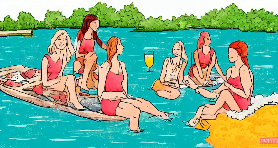 Image similar to simple illustration storyboard of girls weekend on a lake, mimosas