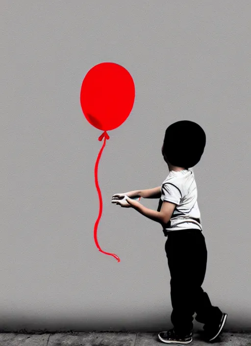 Prompt: a side profile of a boy letting go of a single red balloon on a concrete background in the style of Banksy, graffiti, digital art