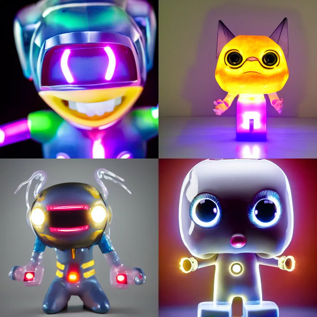 Image similar to a highly detailed vinyl figure with lighting bolts coming out of its eyes it is pointing to the right, RGB smile, square nose, electric eyes, sparking eyes, realistic lighting, realistic reflections, surprise, shocking