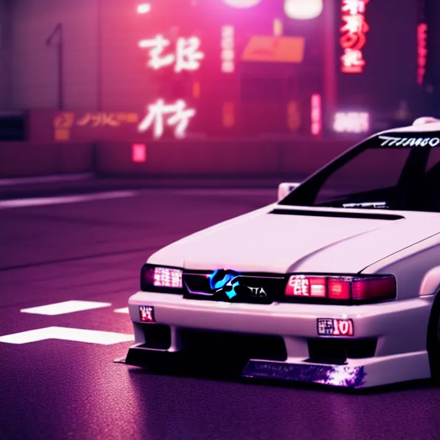 Image similar to toyota jzx 1 0 0 drift with cyberpunk girl standing, detailed - wheels, shibuya prefecture, cinematic lighting, photorealistic, night photography, octane render by tomino - sama