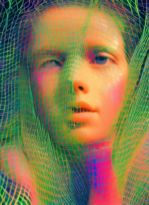 Image similar to realistic photo of a a blurred face of a girl, covered in plastic iridescent vines 1 9 6 0, life magazine photo, natural colors, metropolitan museum, kodak, 8 k, very detailed, high resolution, product photo,