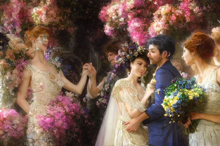 Image similar to the groom look at the bride at a wedding full of flowers, bright and happy, dreamlike art, highly detail, 4 k realistic, wedding photoy krenz cushart, artem demura, yoji shinkawa artgerm, jon lothian, danilo torres. adi meyers. thomas reimann. gaston bussiere.