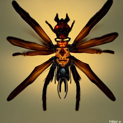 Image similar to winged spider monster with firelight body :: godly presence :: photograph