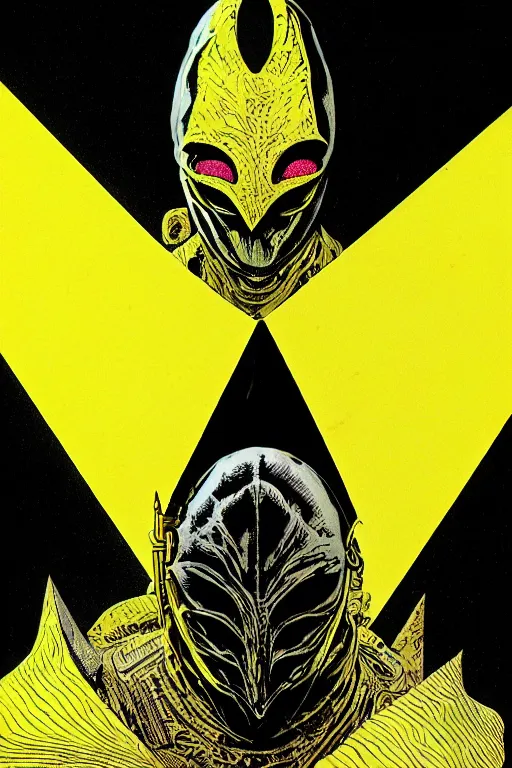 Image similar to black and yellow technicolor color risoprint, richard corben, wayne barlowe, moebius, heavy metal comic cover art, psychedelic triangular lich in heavy shoulders armor, very intricate, thick outline, full body, symmetrical face, long black crown, in a shapes background, galactic dark colors