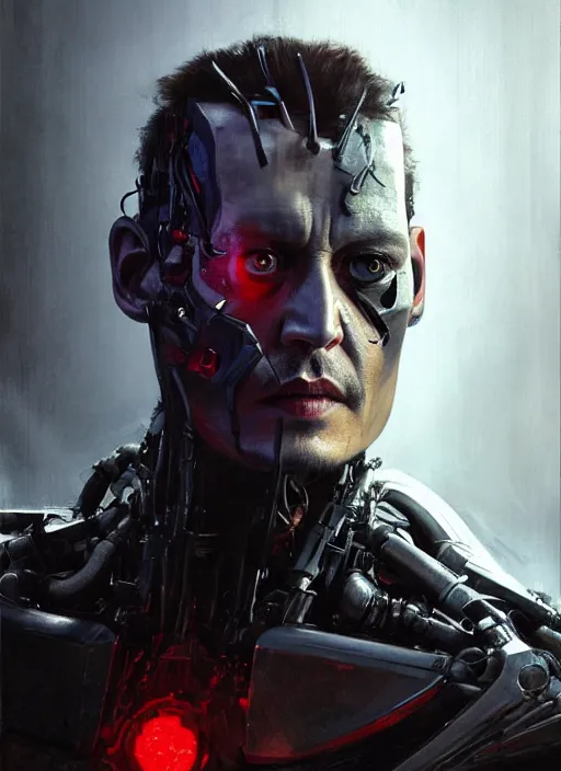 Image similar to johnny depp as victor stone, full body concept, cyborg, borg, strogg, face of a man, terminator, flesh, quake strogg, doom demon, wolfenstein, monstrous, powerful, symmetry, symmetrical, concept art by ruan jia and greg rutkowski