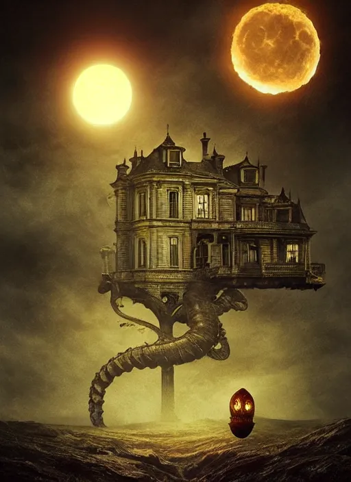 Image similar to giant burning tentacles destroying glowing mansion dramatic lighting desolate landscape with a light moon in a night black hole, matte painting, alexander jansson, allen williams, artem chebokha