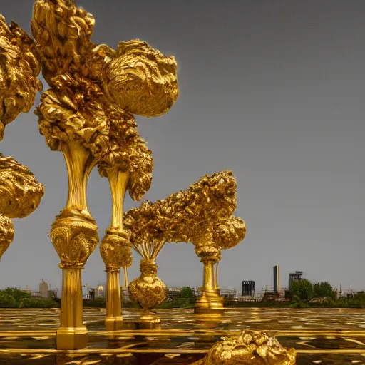 Image similar to 8k, octane render, realism, tonalism, renaissance, rococo, baroque, empty renaissance park, chaotic gold leaf flowers