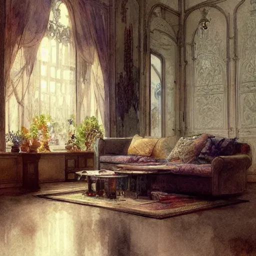 Image similar to a beautifull intricate watercolour painting of a living room, reflexions, verry high details by william turner art, greg rutkowski and alphonse mucha, trending on artstation, very very detailed, masterpiece, muted colors