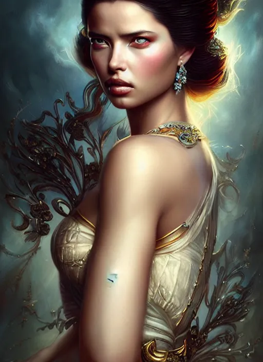 Image similar to a beautiful princess woman with baroque dress, adriana lima, painted by artgerm and tom bagshaw, fantasy art, dramatic lighting, highly detailed oil painting