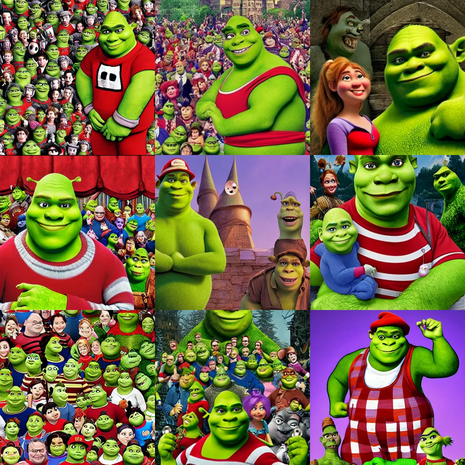 Prompt: where's waldo but with shrek