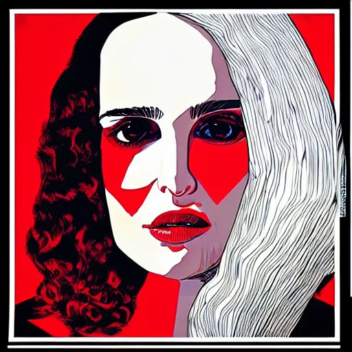 Image similar to “Natalie Portman highly detailed portrait, by Jamie Hewlett, red black white colors, white hair, space on the background, red eyes”
