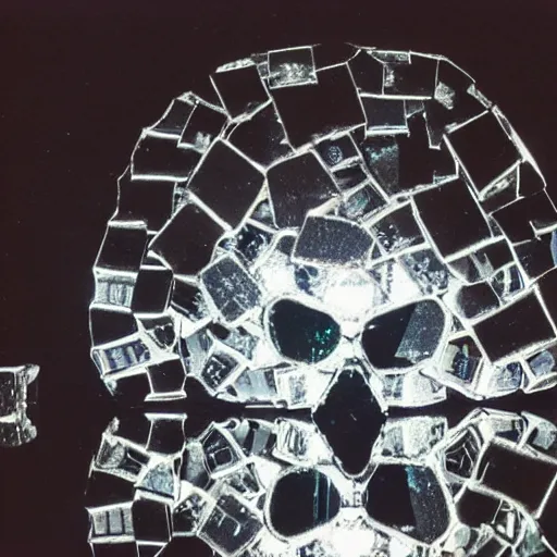 Image similar to a skull made out of broken mirrors, reflecting light in a nightclub, grainy film still