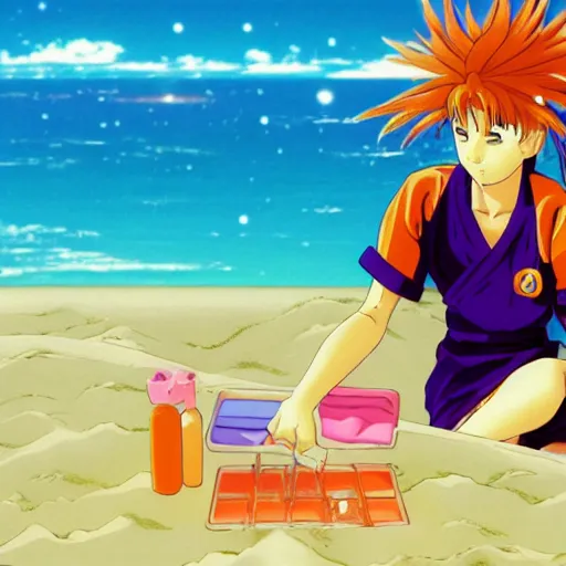 Image similar to girl making a sand castle on the beach, sprite, vaporwave nostalgia, visual novel cg, 8 0 s anime vibe, kimagure orange road, yu - no, initial d, sketch by by osamu tezuka, directed by beat takeshi, wallpaper, ultra hd, vlc screenshot