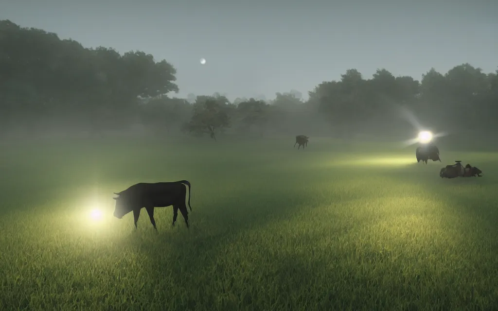 Image similar to alien ufo picking up cow with beam of light in farm, atmospheric, mist, epic, photorealistic, realistic, rule of thirds, extremely detailed, 4 k, 8 k, unreal engine 5 render, rim lighting, rtx, ray traced lighting, shot on 3 5 mm, film grain