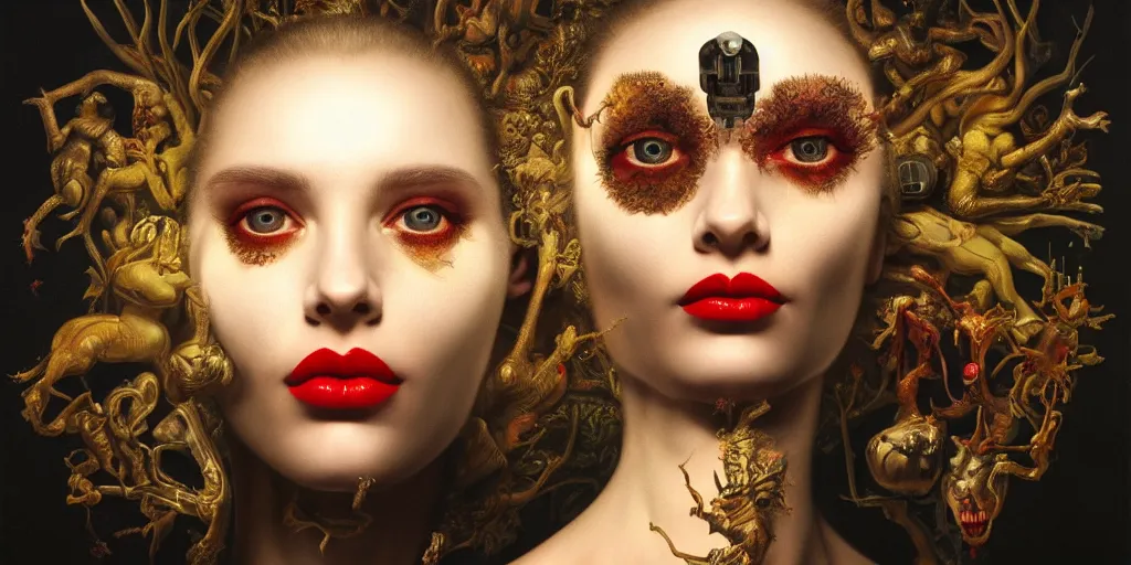 Prompt: hyperrealistic pose of an stunning cyborg, ultra high face symmetry, masterpiece, award - winning, shining eyes and red lips, by christian rex van minnen rachel ruysch dali todd schorr beth cavener, chiaroscuro cast shadows obscuring features dramatic lighting perfect composition