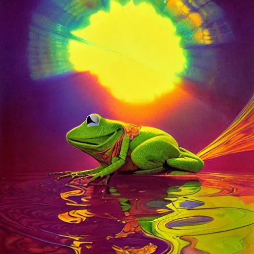 Image similar to transcendent kermit the frog, psychedelic indigo honey flowing like kaleidoscopic translucent amber, lsd waves, honey ripples, enlightenment, dramatic professional lighting, refracted sunset lighting, highly detailed, concept art, art by collier, albert aublet, krenz cushart, artem demura, alphonse mucha