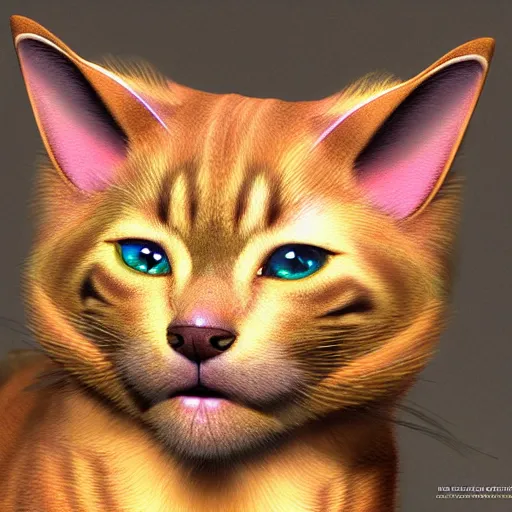 Image similar to photorealistic cat dog hybrid. hyperdetailed photorealism, 1 0 8 megapixels, amazing depth, high resolution, 3 d shading, 3 d finalrender, 3 d cinematic lighting, glowing rich colors, psychedelic overtones, artstation concept art.