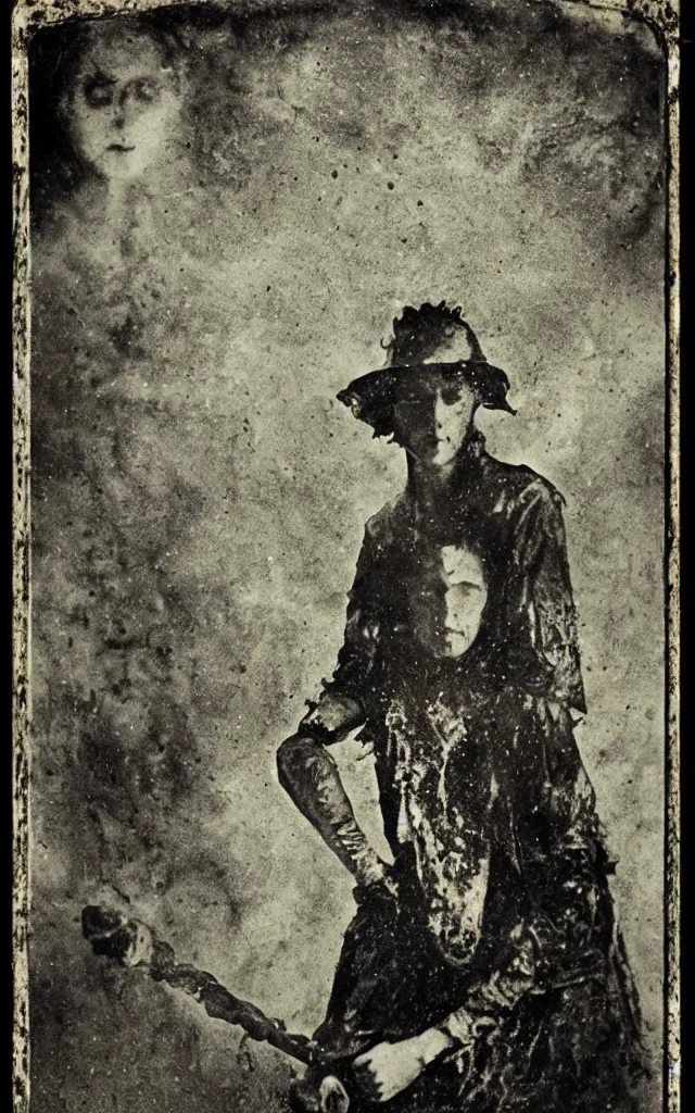 Prompt: wet plate sun tarot card victorian era, coal dust, ghosts in the background, in the style of brothers quay