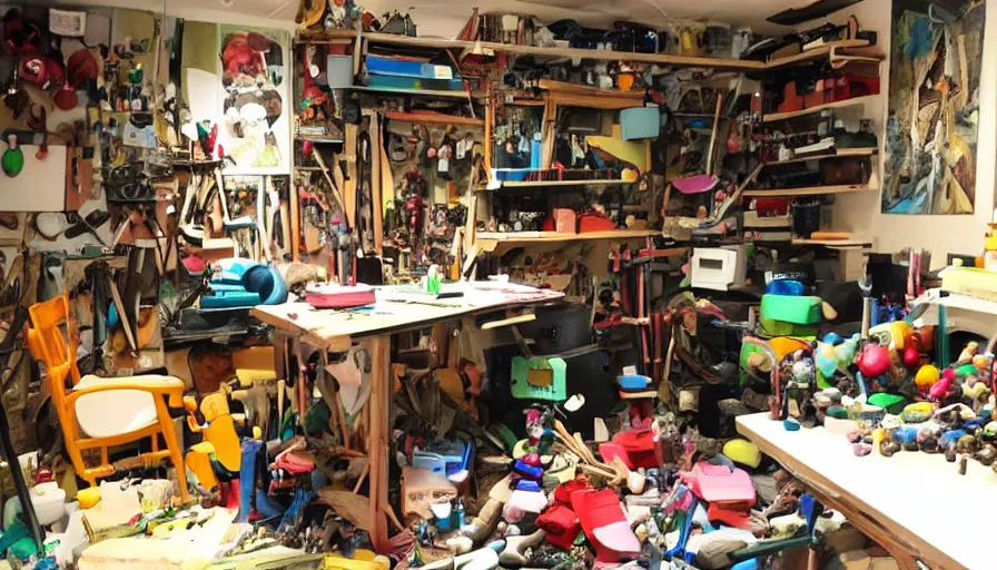 Prompt: a color photograph of an artist's basement studio with many things, workbench overloaded with broken toys,, trending on artstation, hyperrealism