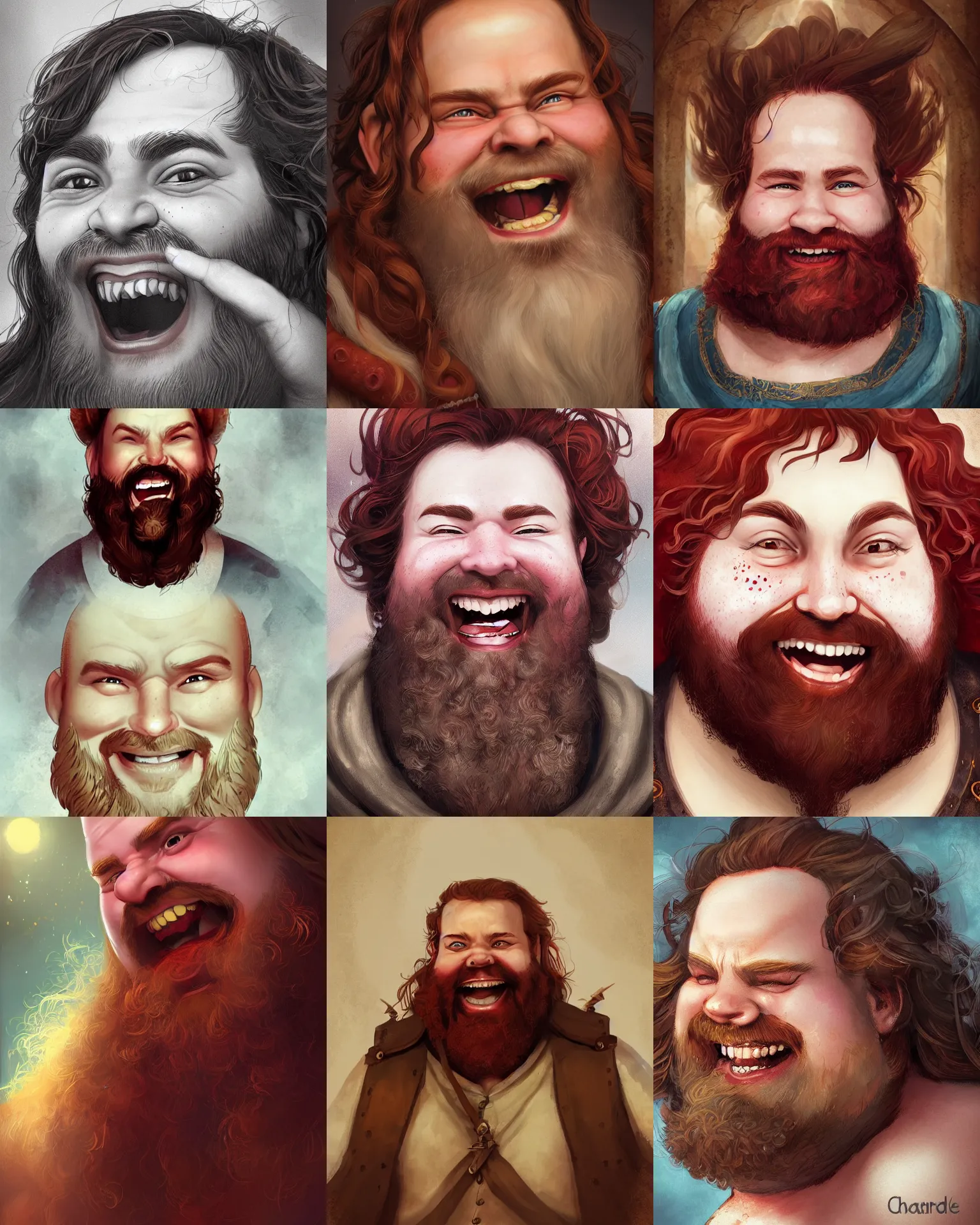 Prompt: closeup portrait of a dwarven bard, happy, laughing, rosy cheeks, red beard, freckles, art by charlie bowater