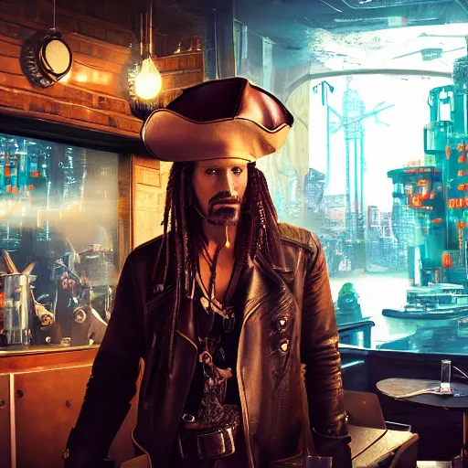 Image similar to a high quality portrait of a pirate in a cyberpunk cafe realism 8k