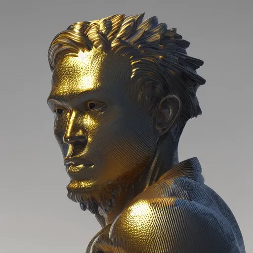 Image similar to portrait of homo sapiens gold statue reflect chrome, 8 k uhd, unreal engine, octane render in the artstyle of finnian macmanus, john park and greg rutkowski