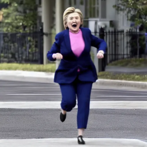 Prompt: large hillary clinton chasing after envelopes running away in fear, cctv footage